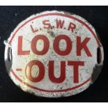 RAILWAY INTEREST: A VINTAGE 'L.S.W.R.' ENAMEL ARM BADGE, in white with red 'LOOK-OUT' lettering 3"