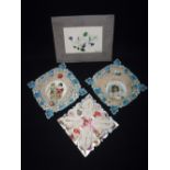 THREE VICTORIAN PAPER LACE CARDS and a similar watercolour with an embossed mount Condition: all