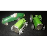 MINIC TOYS: A TIN-PLATE TRACTOR, a 'Caterpillar' tractor and a green racing car (3) Condition: all