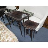 A CHINESE HARDWOOD TABLE on a folding base, 19" wide x 31.5" long and another smaller