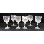 A SET OF SIX WINE GLASSES with cut and etched decoration