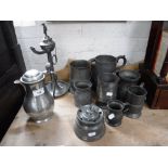 A COLLECTION OF PEWTER, to include an inkwell and 18th century tankards