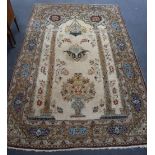 A 1960S PERSIAN CREAM GROUND PART SILK PRAYER RUG 95" long (plus fringes) x 63" wide