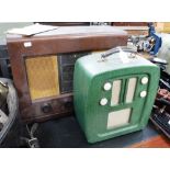 A VINTAGE 1930S 'DEFIANT' RADIO in a mottled green case and a Vintage Bush radio in a walnut case