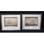 A NAIVE 19TH CENTURY WATERCOLOUR of a sailing ship in a stormy sea and another similar, 'Becalmed'