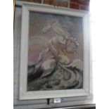 MID 20TH CENTURY OIL ON CANVAS PAINTING of a stylised white horse rearing from the waves,