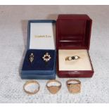A THREE STONE SAPPHIRE AND DIAMOND DRESS RING, three 9ct gold rings and two other gem-set rings (6)