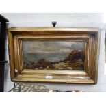 A 19TH CENTURY OIL ON CANVAS mountain scene with sheep in a gilt frame
