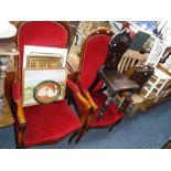 A PAIR OF VICTORIAN STYLE LATH BACK KITCHEN CHAIRS, two armchairs with red upholstery and various