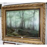 A ROMANTIC STYLE LANDSCAPE with a stream in woods, in modern frame, oil on canvas