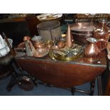 A COPPER SACK MEASURE, a brass tray and a collection of metalware