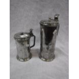 A POLISHED PEWTER STEIN, with touch marks to the handle, engraved 'L B' to the lid and another