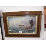 A NAIVE 19TH CENTURY OIL ON BOARD MARITIME SCENE, signed 'G Wilson'