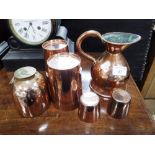 TWO 19TH CENTURY COPPER BEAKERS, a small copper sack measure and similar metalware