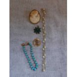 AN 18CT YELLOW GOLD AND CULTURED BAROQUE PEARL NECKLACE, a turquoise set bracelet and three other
