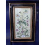 A PAINTED CERAMIC PANEL, decorated with flowers, a butterfly and a bee in painted wood frame