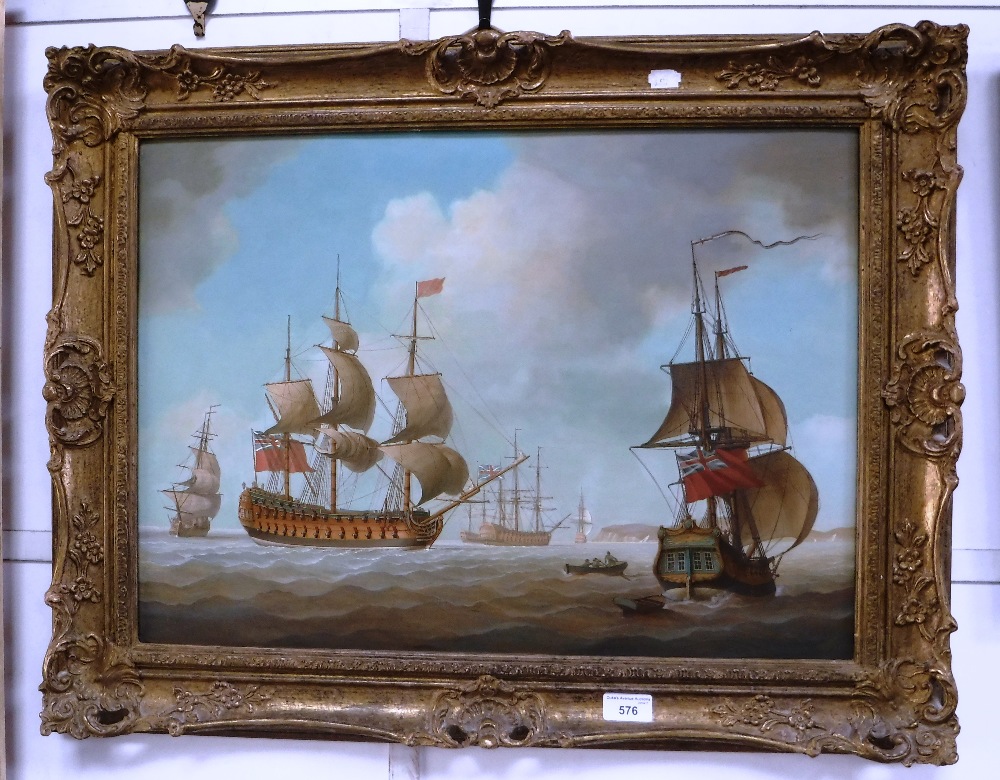 A REPRODUCTION OIL ON MAHOGANY MARITIME SCENE with battleships in a gilt frame