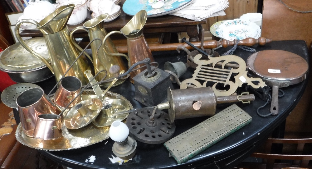 A VICTORIAN COFFEE GRINDER, a copper pan, warming pan, clockwork spit and similar metalware