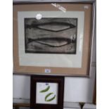 SALLY CROSTHWAITE: 'Peas in a Pod', watercolour and an etching of fish
