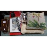 A 19TH CENTURY BOX CONTAINING DRAUGHTS, two cushions and sundries