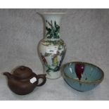 A CHINESE FAMILLE ROSE BALUSTER VASE, a teapot and similar bowl