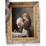 A 19TH CENTURY OIL ON BOARD PAINTING of an old woman and a young girl at prayer, inscribed 'D G E N,