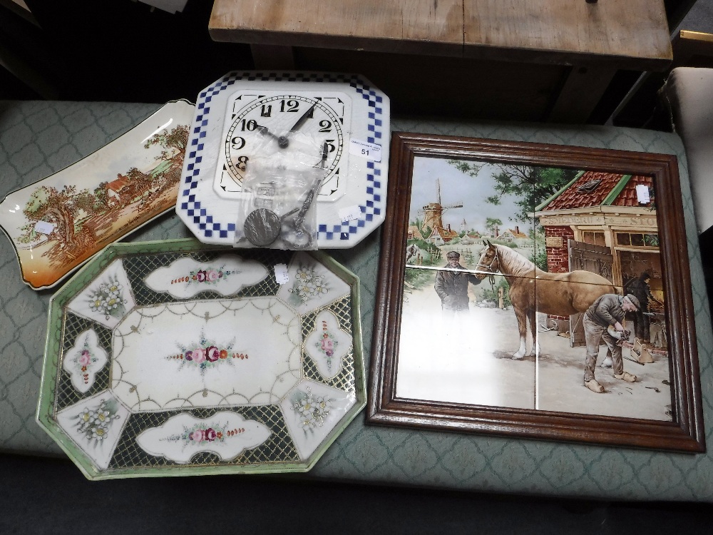 A 1930S CERAMIC FACED KITCHEN WALL CLOCK, a dressing table tray, a Doulton dish and a tray