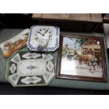 A 1930S CERAMIC FACED KITCHEN WALL CLOCK, a dressing table tray, a Doulton dish and a tray