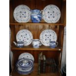 A COLLECTION OF BLUE AND WHITE CERAMICS including Royal Copenhagen soup plates and a transfer