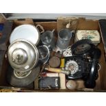 A BOX OF ASSORTED ITEMS including a vintage telephone, camera and other items