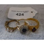 A GARNET AND GOLD PLATED SOLITAIRE, a Sapphire and cubic zirconia 9ct gold cluster ring and