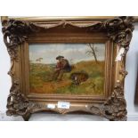 AN OIL ON BOARD PAINTING of an old shepherd with his dog, in a gilt frame