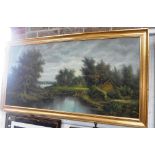 A LARGE OIL ON BOARD RIVER SCENE with boats and cottages, indistinctly signed, in a gilt frame