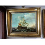 A REPRODUCTION OIL ON MAHOGANY PAINTING OF A WAR SHIP