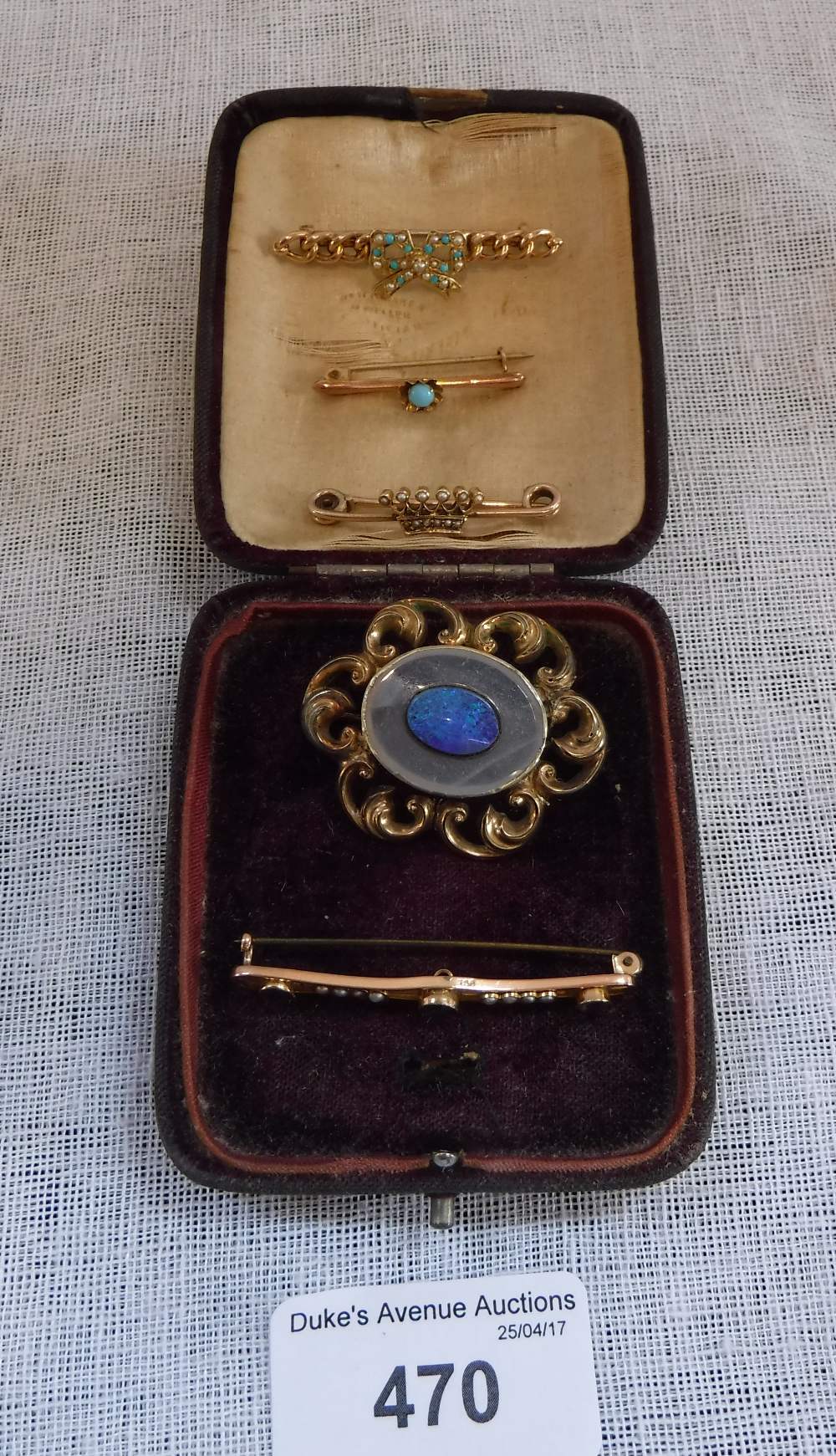 A TURQUOISE AND SEED PEARL RIBBON-TIE BAR BROOCH, a Victorian tilt metal and opal triplet target