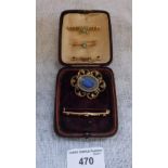 A TURQUOISE AND SEED PEARL RIBBON-TIE BAR BROOCH, a Victorian tilt metal and opal triplet target