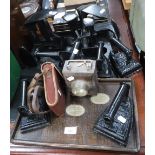 A COLLECTION OF VINTAGE IRONS, shoe lasts and similar items