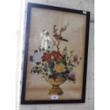 AN ORIENTAL PITH PAPER PAINTING of a vase of flowers with a bird and a butterfly