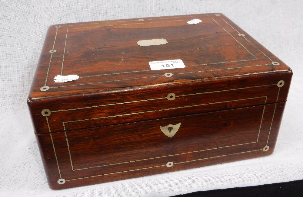 A 19TH CENTURY ROSEWOOD DRESSING BOX with fitted interior