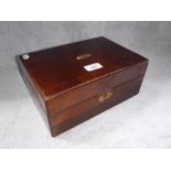 A ROSEWOOD SEWING BOX containing a quantity of assorted items including 1914 tin and other items