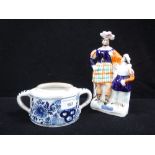 A DELFT TWO HANDLED BOWL and a Staffordshire figure of William Tell