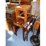 A SMALL MAHOGANY TABLE, a nest of three small tables and a folding butler's tray stand