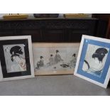 A THREE SHEET JAPANESE WOODBLOCK PRINT of four seated women and two other Japanese woodcuts