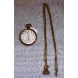 A WALTHAM USA GOLD PLATED POCKET WATCH on a 9ct yellow gold anchor link long chain, with tiger's-eye