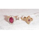 A 'RUBY' AND DIAMOND DRESS RING on an 18ct yellow gold shank and one other dress ring