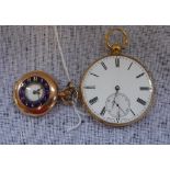 AN 18CT YELLOW GOLD OPEN-FACE POCKET WATCH, the white enamel dial inscribed 'Lecomte, Genieve',