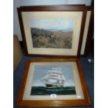 A PRINT OF A SHIP in a maple frame and four other prints