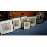 A VICTORIAN WOOLWORK PICTURE in a maple frame, various 19th century prints and a small watercolour