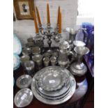 A COLLECTION OF VARIOUS PEWTER WARE including a five branch candelabra