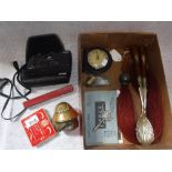 A PAIR OF OAK HANDLED SALAD SERVERS, camera and other sundry items